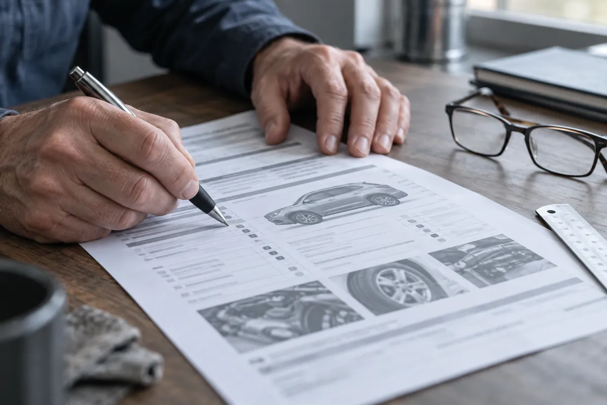 Relecture d'un rapport d'expertise automobile, stylo à la main, sur un bureau